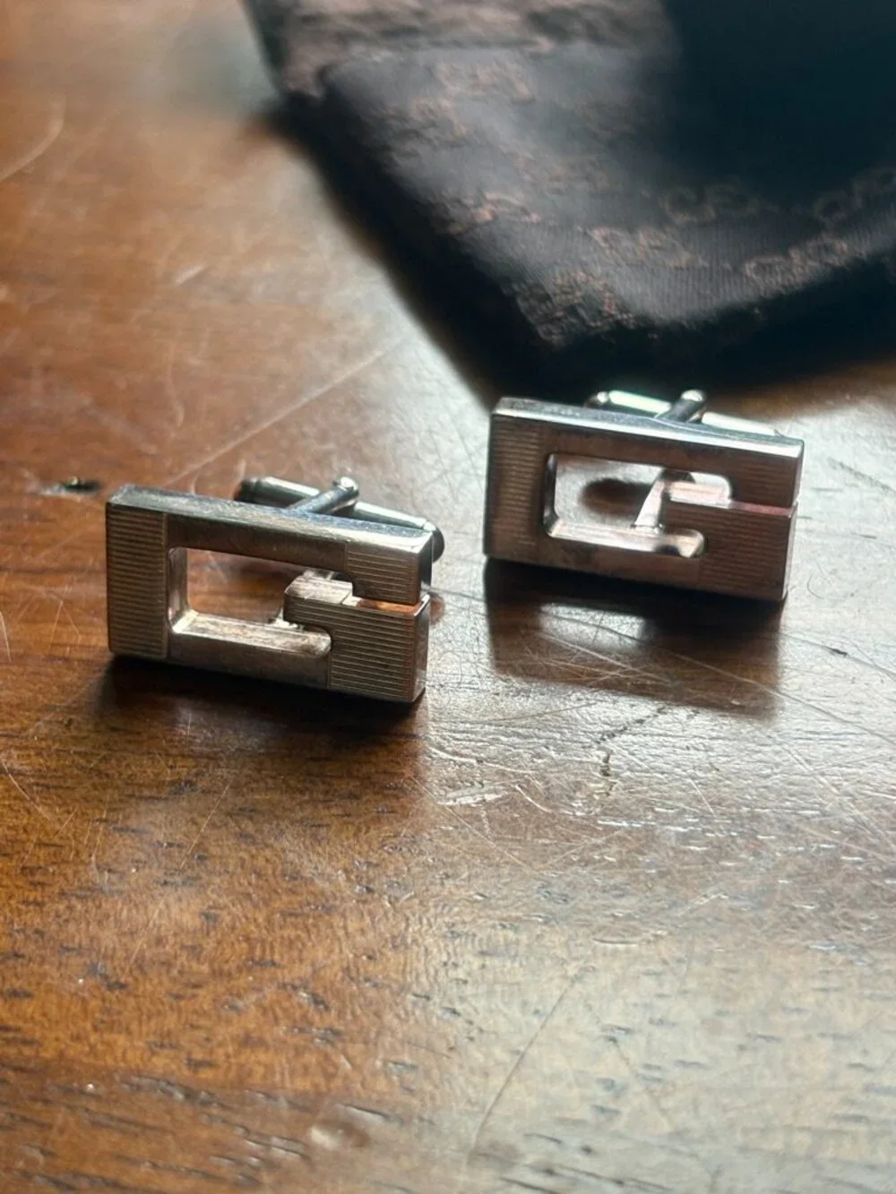 Vintage Gucci Sterling Silver Monogram Cufflinks with Box